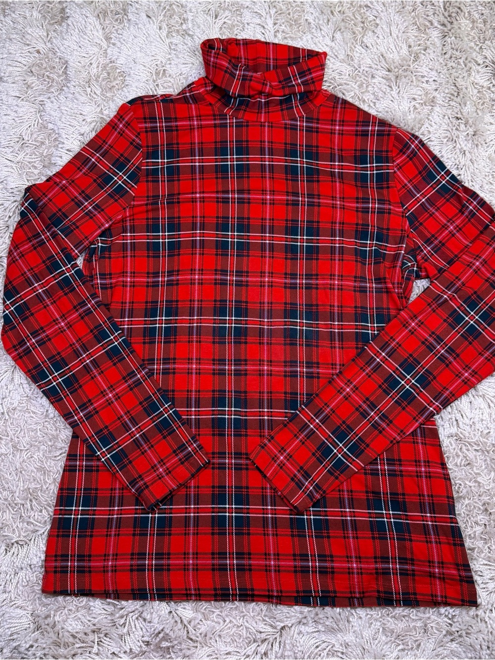 Lands End Red Tartan Plaid Turtleneck Womens M 10-12 Shaped Fit Long Sleeve